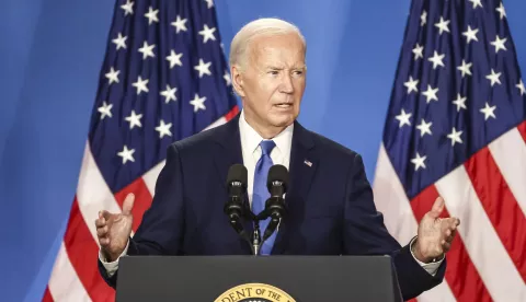 epa11473498 US President Joe Biden speaks during a press conference on the sidelines of the 75th Anniversary of the North Atlantic Treaty Organization (NATO) Summit at the Walter E. Washington Convention Center in Washington, DC, USA, 10 July 2024. President Biden is under increasing pressure from Democrats to step aside as the party's presidential candidate. EPA/JIM LO SCALZO