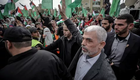 epa11664849 (FILE) - Hamas Gaza leader Yahya Al Sinwar (C) waves to supporters during a Hamas rally to mark the 31st anniversary of the group, in Gaza City, Gaza Strip, 16 December 2018 (reissued 17 October 2024). The Israeli Army, Tsahal, on 17 October 2024 confirmed that Hamas leader Yahya Sinwar was "eliminated" on 16 October 'after a year-long pursuit'. Sinwar was elected Hamas leader in August 2024, a few days after his predecessor had been killed in Iran. EPA/MOHAMMED SABER *** Local Caption *** 56753906