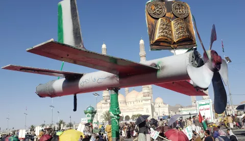 epa11647435 A mock drone is displayed during an anti-Israel rally in support of the Palestinian people, in Sana'a, Yemen, 07 October 2024. The day 07 October 2024, marks one year since the Palestinian militant group Hamas launched a surprise attack on Israel, killing 1,200 and abducting over 250, and one year since Israel began its war on Gaza, killing more than 41,000 and destroying the Palestinian enclave. EPA/YAHYA ARHAB