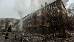 epaselect epa10323267 Firefighters work at the site of an apartment block destroyed by shelling in Vyshhorod, near Kyiv (Kiev), Ukraine, 23 November 2022, amid Russia's invasion. At least four people were killed and 27 others injured as a result of Russian shelling hitting the Vyshhorod district, Kyiv Oblast Police Chief Andrii Nebytov said on telegram. According to a statement by Ukraine's national power supply Ukrenergo on 23 November, power outages were reported across all of the regions of the country following a series of Russian missile strikes targeting the country's critical infrastructure. Russian troops on 24 February entered Ukrainian territory, starting a conflict that has provoked destruction and a humanitarian crisis. EPA/OLEG PETRASYUK