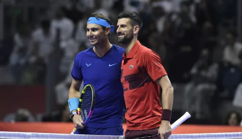 epa11669165 Novak Djokovic of Serbia (R) and Rafel Nadal of Spain pose prior their third place match at the Six Kings Slam exhibition tennis tournament in Riyadh, Saudi Arabia, 19 October 2024. EPA/STR