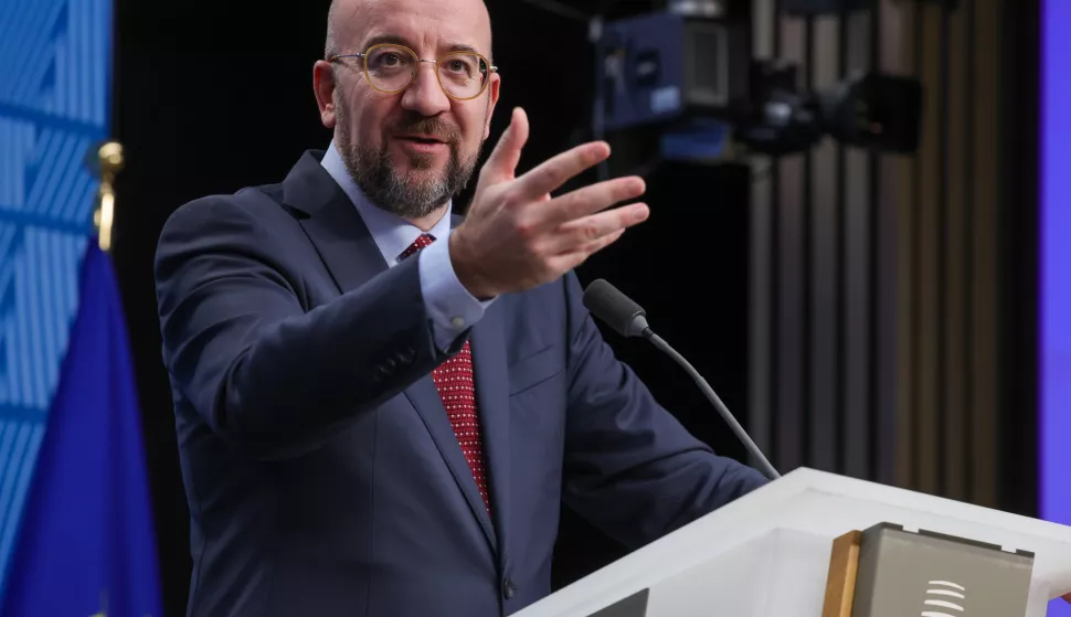 epa11118300 EU Council President Charles Michel reacts at a press conference on the Special European Council in Brussels, Belgium, 01 February 2024. EU leaders gather in Brussels to discuss the mid-term revision of the EU's long-term budget for 2021-2027, including support to Ukraine. EPA/OLIVIER MATTHYS