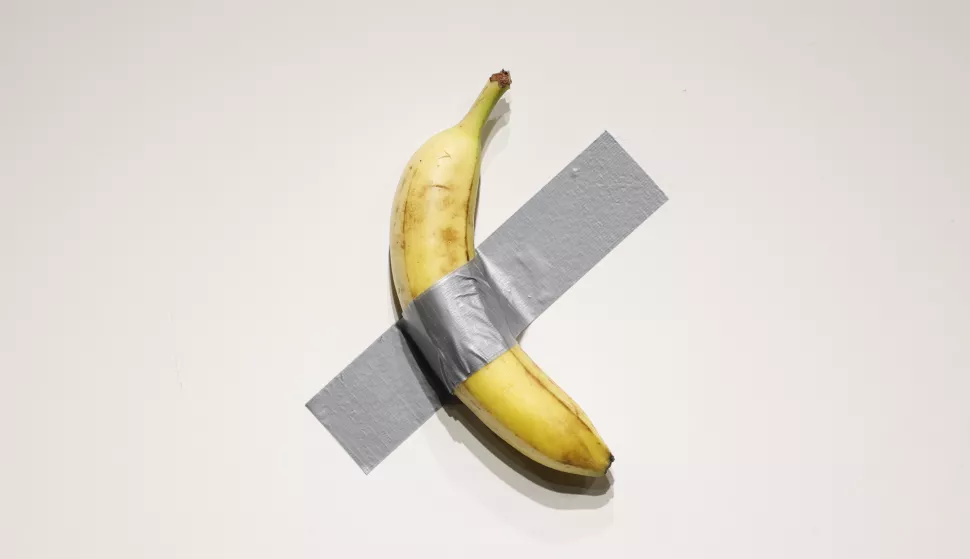 Maurizio Cattelan's "Comedian" is on display at a press preview for Sotheby's Evening Auction on October 25, 2024 in New York City. The conceptual piece, a banana duct-taped to a wall, went viral in 2019 and one of its three editions is estimated to sell for between $1 to $1.5 million dollars. Photo by John Angelillo/UPI Photo via Newscom Photo: John Angelillo/NEWSCOM