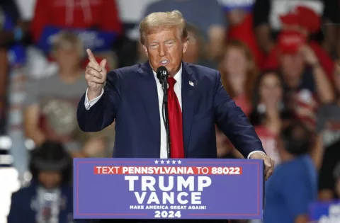 epa11633062 Former US president and republican presidential candidate Donald Trump speaks during a campaign rally at the Bayfront Convention Center in Erie, Pennsylvania, USA, 29 September 2024. Trump is running against Democratic US Vice President Kamala Harris. EPA/DAVID MAXWELL