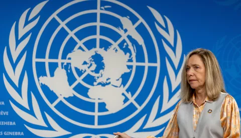 epa11646966 Celeste Saulo, Secretary-General of World Meteorological Organization (WMO), leaves the podium after presenting the WMO's State of Global Water Resources report during a presse conference, at the European headquarters of the United Nations in Geneva, Switzerland, 07 October 2024. The State of Global Water Resources report highlights severe stress on global water supplies, with five consecutive years of below-normal river flows and reservoir inflows. This shortage is affecting communities, agriculture, and ecosystems. EPA/SALVATORE DI NOLFI