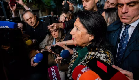 President of Georgian Republic, Salome Zourabichvili reads a press statement after casting her vote during the Georgian Election. (Photo by Maria Giulia Molinaro Vitale/SOPA Images/Sipa USA) Photo: SOPA Images/SIPA USA