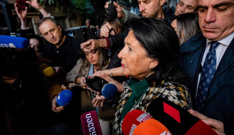 President of Georgian Republic, Salome Zourabichvili reads a press statement after casting her vote during the Georgian Election. (Photo by Maria Giulia Molinaro Vitale/SOPA Images/Sipa USA) Photo: SOPA Images/SIPA USA