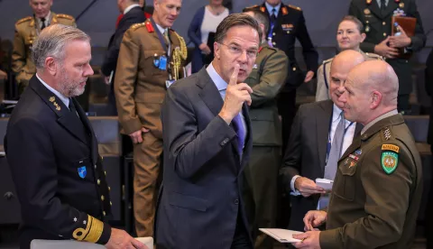 epa11665942 (L-R) Chair of the NATO Military Committee Admiral Rob Bauer, NATO Secretary General Mark Rutte and Supreme Allied Commander Europe General Christopher G. Cavoli attend the North Atlantic Treaty Organisation (NATO) Defense Ministers Council at NATO Headquarters in Brussels, Belgium, 18 October 2024. Allied Defence Ministers meet at NATO Headquarters in Brussels on 17 and 18 October 2024. EPA/OLIVIER MATTHYS