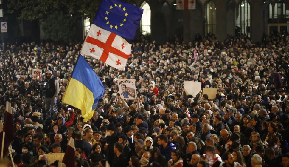 epa11689217 Supporters of opposition parties attend a protest in Tbilisi, Georgia, 28 October 2024, opposing the results of the parliamentary elections held on 26 October. Nearly 20 parties competed for seats in the country's highest legislative body, which comprises 150 deputies. The ruling Georgian Dream party, in power for 12 years, won with 54.3 percent of the vote. In response, several parties announced a boycott of the parliament, and the opposition Coalition for Changes declined both parliamentary mandates and state funding. EPA/DAVID MDZINARISHVILI