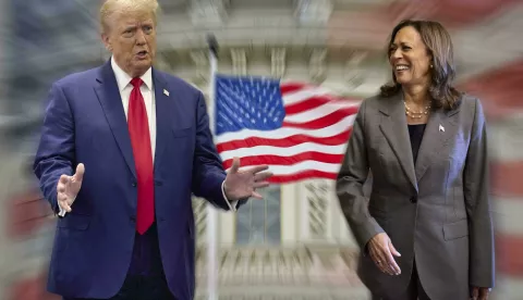 PHOTO MONTAGE: Theme picture US elections 2024. Donald TRUMP (Republican) and Kamala HARRIS (Democrats) are the presidential candidates in the US elections on November 5, 2024, Photo: The Presidential Office of Ukraine via Photo: Presidential Office of Ukraine/DPA