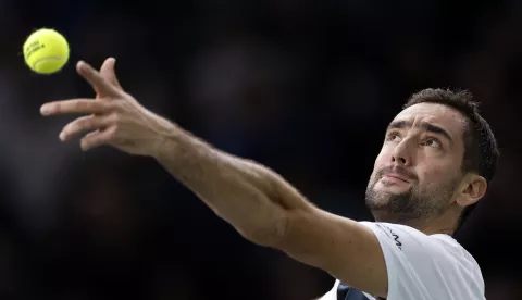 epa11690201 Marin Cilic of Croatia in action during his first round match against Arthur Fils of France at the Rolex Paris Masters tennis tournament in Paris, France, 29 October 2024. EPA/YOAN VALAT