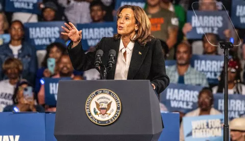 epa11657756 US Vice President and current Democratic presidential candidate Kamala Harris speaks during a campaign rally at Williams Arena in Greenville, North Carolina, USA, 13 October, 2024. Harris is in a tight race for the US presidency against Republican nominee and former President Donald Trump. EPA/STAN GILLILAND