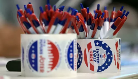 Stickers and pens at an early voting site inside The Shed at Hudson Yards during the first day of early voting in the 2024 elections, New York, NY, October 26, 2024. (Photo by Anthony Behar/Sipa USA) Photo: Anthony Behar/SIPA USA