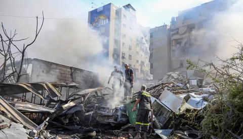 epa11696078 Firefighters work to extinguish a fire at the site of an Israeli military strike in the Kafaat area of the Dahieh district in Beirut, Lebanon, 01 November 2024. According to the Lebanese Ministry of Health, more than 2,800 people have been killed and over 13,000 others have been injured in Lebanon since the start of recent escalations of hostilities. EPA/WAEL HAMZEH