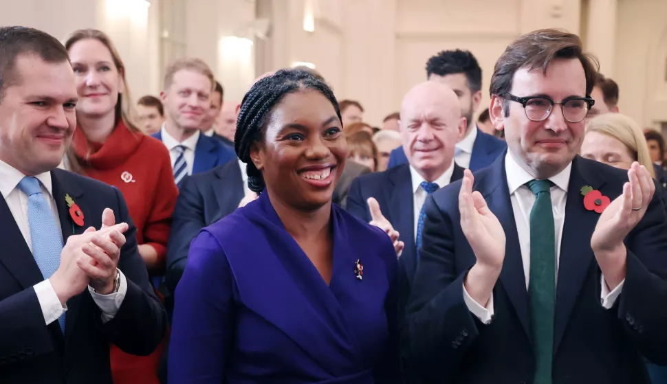 epa11697093 New Conservative Party leader Kemi Badenoch (C) reacts next to her husband Hamish (R) and Conservative Party leader candidate Robert Jenrick (L) following the party's new leader announcement in London, Britain, 02 November 2024. Kemi Badenoch has beat Robert Jenrick in the 2024 Conservative Party leadership election to become the new Conservative leader, succeeding Rishi Sunak. EPA/ANDY RAIN