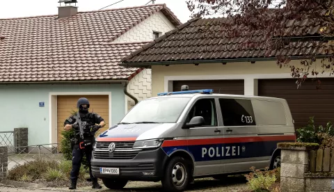 epa11689009 Austrian police guard the area near the scene of a shooting incident in Kirchberg ob der Donau, Austria, 28 October 2024. Police in Kirchberg ob der Donau in the northern Austrian state of Upper Austria have been conducting a major operation since the morning of 28 October 2024. A spokeswoman for the state police confirmed that a man is suspected of having shot dead two people, including the mayor of Kirchberg. The suspect is still on the run. EPA/ANTONIO BAYER