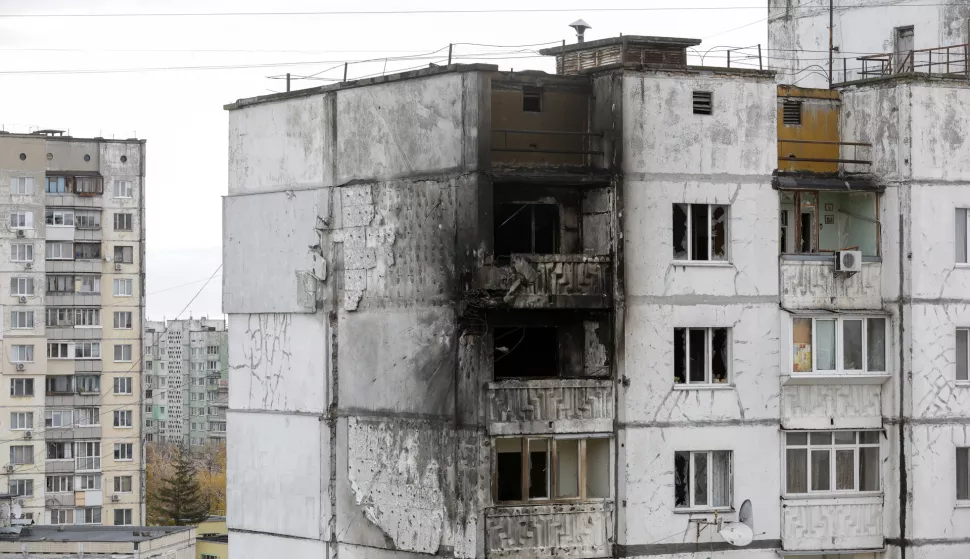 epa11696992 A view of the damaged building at the site of a drone attack on a residential area in Kyiv, Ukraine, 02 November 2024, amid the ongoing Russian invasion. At least two people were injured when debris from a downed drone fell on a residential building following a drone attack, the State Emergency Service of Ukraine (SESU) reported. According to the Ukrainian Armed Forces, Russian troops launched an overnight attack with 71 'Shahed' unmanned aerial vehicles (UAVs) across Ukraine. EPA/SERGEY DOLZHENKO