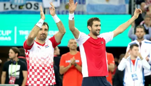 26.11.2016., Arena Zagreb, Zagreb - Finale Davis kupa, Hrvatska - Argentina, parovi, Ivan Dodig, Marin Cilic - Leonardo Mayer, Juan Martin Del Potro. Photo: Igor Kralj/PIXSELL------3x color - sport