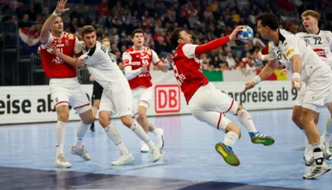 Mykola BILYK, Domagoj DUVNJAK, Lukas HERBURGER and Lukas HUTECEK, Croatia vs Austria, Men's EHF EURO 2024 Germany, Mannheim, Germany, 14.01.2024, Mandatory Credit © Jozo Cabraja/kolektiff