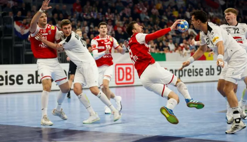 Mykola BILYK, Domagoj DUVNJAK, Lukas HERBURGER and Lukas HUTECEK, Croatia vs Austria, Men's EHF EURO 2024 Germany, Mannheim, Germany, 14.01.2024, Mandatory Credit © Jozo Cabraja/kolektiff