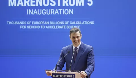 epa11039866 Spanish Prime Minister Pedro Sanchez delivers a speech during the inauguration of MareNostrum 5, a new European High-Performance Computing pre-exascale supercomputer, in Barcelona, northeastern Spain, 21 December 2023. EPA/Andreu Dalmau