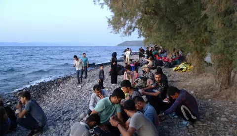 epa07803513 Migrants, who arrived on 13 boats, at Skala Sikamias, Lesvos Island, Greece, 29 August 2019 (issued 30 August 2019). A total of 547 people landed on the island, including 177 men, 124 women and 246 children. Of these, 193 were transferred to the Moria Reception and Identification Center and the rest remained at the UNHCR camp in Sykamia, the so-called 'stage 2' camp, with the prospect of being transferred to Moria for registration on 30 August. According to reports, two Coast Guard vessels are operating in the area. EPA/STRATIS BALASKAS