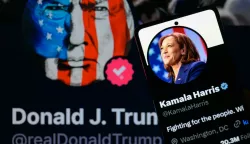 Kamala Harris account on X is being displayed on a smartphone, with Donald Trump account on Truth in the background, seen in this photo illustration.Taken in Brussels, Belgium. On July 25, 2024. (Jonathan Raa/Sipa USA) *** Strictly for editorial news purposes only *** Photo: Jonathan Raa/SIPA USA