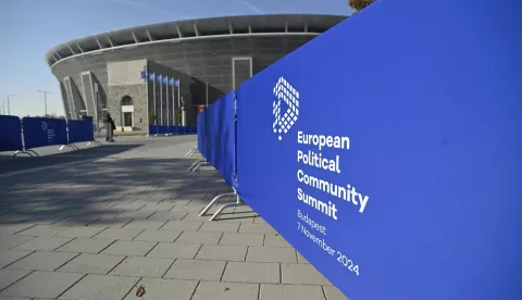 epa11706948 Barriers with the logo of the 5th summit of the European Political Community (EPC) held in Puskas Arena in Budapest, Hungary, 07 November 2024. EPA/ZOLTAN BALOGH HUNGARY OUT