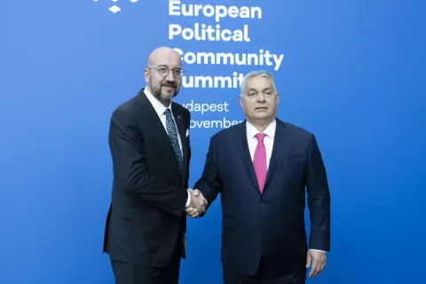 epa11706909 A handout photo made available by the Hungarian PM's Press Office shows Hungarian Prime Minister Viktor Orban (R) welcoming European Council President Charles Michel to the 5th summit of the European Political Community (EPC) in Puskas Arena in Budapest, Hungary, 07 November 2024.   EPA/VIVIEN CHER BENKO HANDOUT - EDITORIAL USE ONLY - NO SALESHANDOUT EDITORIAL USE ONLY/NO SALESHANDOUT EDITORIAL USE ONLY/NO SALES