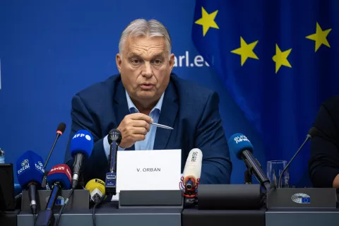 epa11649198 Hungarian Prime Minister Viktor Orban gives a press conference ahead of a plenary session at the European Parliament in Strasbourg, France, 08 October 2024. EPA/CHRISTOPHE PETIT TESSON