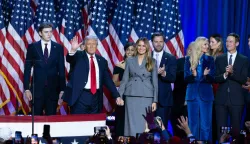 Surrounded by family members and supporters, Donald Trump makes his acceptance speech at his Election Night Watch Party at the Palm Beach County Convention Center after being elected the 47th President of the United States November 5, 2024. (Photo by Damon Higgins/USA TODAY NETWORK via Imagn Images/USA Today Network/Sipa USA) Photo: USA TODAY/SIPA USA