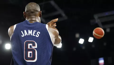 epaselect epa11543968 LeBron James of USA in action during the Men Gold Medal game France vs USA of the Basketball competitions in the Paris 2024 Olympic Games, at the South Paris Arena in Paris, France, 10 August 2024. EPA/CAROLINE BREHMAN