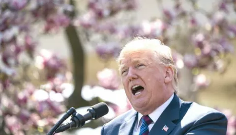 epa06664913 US President Donald J. Trump speaks about his tax cuts in the Rose Garden of the White House in Washington DC, USA, 12 April 2018. Earlier in the day, President Trump once again taunted Russia in a tweet, saying an attack on Syrian 'could be very soon or not so soon at all' in response to Syria's reported chemical weapons attack against a rebel-held town in Eastern Ghouta. EPA/JIM LO SCALZO