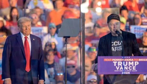 Elon Musk, Founder, CEO,and Chief Engineer of SpaceX joins former President Donald Trump at the Bulter Farm Show grounds for a rally on Saturday October 5, 2024. Photo by Archie Carpenter/UPI. Photo via Newscom Photo: ARCHIE CARPENTER/NEWSCOM