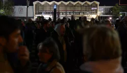 epa11697660 People mourn during the vigil for the victims of the collapse of the canopy at the railway station in Novi Sad, Serbia, 02 November 2024. Fourteen people lost their lives in the collapse of the Novi Sad Railway Station canopy that occurred on 01 November, as stated by Interior Minister Ivica Dacic. The mayor of Novi Sad, Milan Djuric, reported over 30 injuries in the incident, which occurred just before noon. The recently renovated station building, reopened on 05 July 2024, was undergoing another renovation shortly before the collapse. EPA/ANDREJ CUKIC