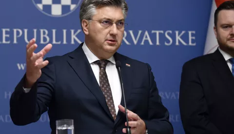 9.11.2024., Banski dvori, Zagreb, Hrvatska - Predsjednik Vlade, Andrej Plenkovic, odrzao konferenciju za medije na temu najnovijeg izvjesca agencije za dodjelu kreditnog rejtinga Moody's. Andrej Plenkovic, predsjednik Vlade. Photo: Josip Mikacic/PIXSELL