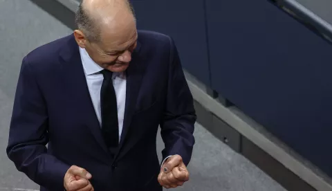 epa11707541 German Chancellor Olaf Scholz reacts after the swearing-in ceremony for the new German Finance Minister Kukies, after Scholz fired his predecessor Christian Linder, at Reichstag building in Berlin, Germany, 07 November 2024. In accordance with Article 64, para. 1, sentence 1 of the Basic Law, Federal President Steinmeier, at the suggestion of the German Chancellor Scholz, handed over dismissal letters to three ministers. EPA/FILIP SINGER