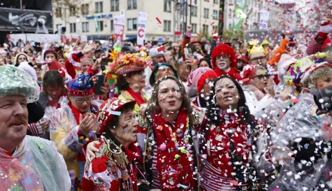 epa11714252 Costumed revelers celebrate the beginning of carnival season in Cologne, Germany, 11 November 2024. The German carnival, the so-called fifth season, begins every year on 11 November at 11:11 a.m. and ends on Ash Wednesday of the following year. EPA/CHRISTOPHER NEUNDORF