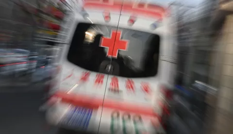 26 February 2024, China, Peking: An ambulance belonging to the Beijing Red Cross bears the words "Emergency Humanitarian Aid" in Chinese characters. Photo: Johannes Neudecker/dpa Photo: Johannes Neudecker/DPA