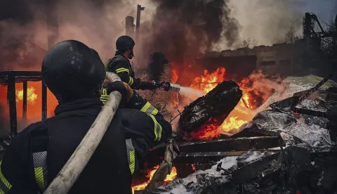 epa11717807 A handout photo made available by the State Emergency Service of Ukraine shows Ukrainian rescuers working at the site of a Russian attack on a building in the city of Brovary near Kyiv, Ukraine, 13 November 2024, amid the ongoing Russian invasion. At least one person was injured following a Russian overnight combined attack in Kyiv's area, according to the State Emergency Service of Ukraine (SESU). According to the Ukrainian Armed Forces, Russian troops launched an overnight attack with six rockets of different types and 90 'Shahed' unmanned aerial vehicles (UAVs) across Ukraine. EPA/SECURITY SERVICE OF UKRAINE HANDOUT HANDOUT EDITORIAL USE ONLY/NO SALES