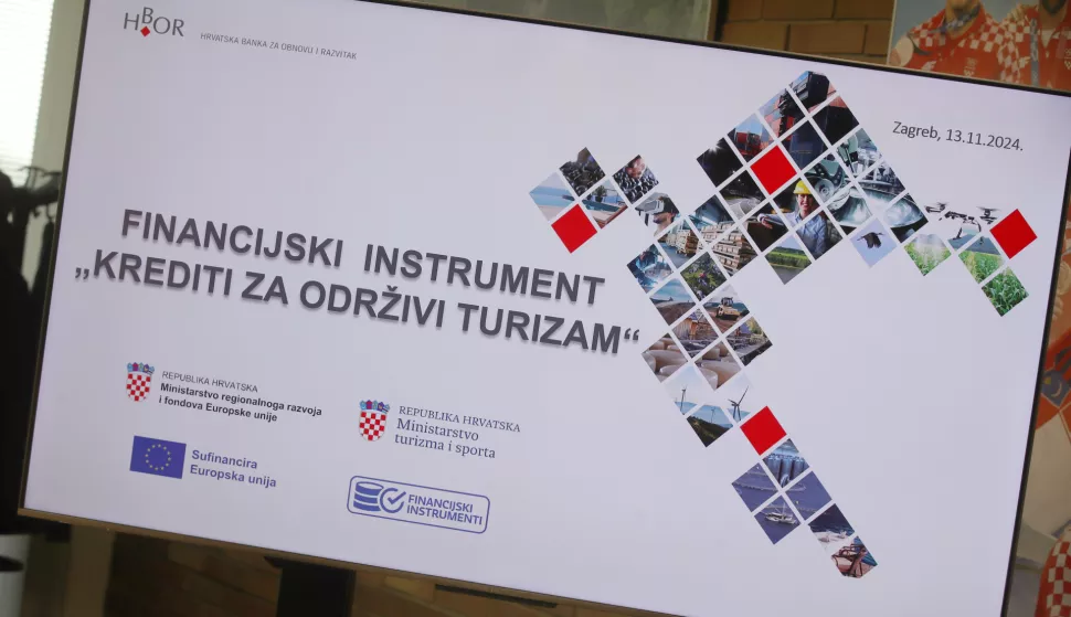 Zagreb, 13.11.2024. - U ministarstvu turizma i sporta predstavljan je financijski instrument "Krediti za održivi turizam" čiji je cilj podizanje konkurentnosti kroz ulaganja u proizvode više dodane vrijednosti koja će doprinijeti razvoju održivog turizma te kvaliteti turističkih proizvoda i usluga. Financijski instrument planiran je kroz Europski fond za regionalni razvoj i program Konkurentnost i kohezija. Na fotografiji vizual predstavljanja programa. foto HINA /Zvonimir KUHTIĆ/ kuzo