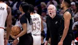 Apr 5, 2024; New Orleans, Louisiana, USA; San Antonio Spurs head coach Gregg Popovich disagrees with referee Danielle Scott (87) about a play call against the New Orleans Pelicans during the first half at Smoothie King Center. Mandatory Credit: Stephen Lew-USA TODAY Sports/Sipa USA Photo: USA Today Sports/SIPA USA