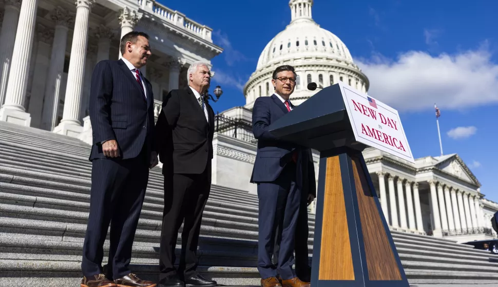 epa11716584 Republican Speaker of the House Mike Johnson (R), along with Chairman of the National Republican Congressional Committee Richard Hudson (L) and House Majority Whip Tom Emmer (C), speaks at a post-election press conference outside the US Capitol in Washington, DC, USA, 12 November 2024. In a sweeping election victory, Republicans were able to take control of both chambers of Congress, in addition to the presidency. EPA/JIM LO SCALZO