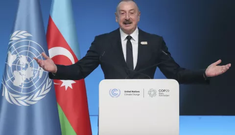 epa11715671 Azerbaijan's President Ilham Aliyev delivers a speech at the UN Climate Change Conference COP29 in Baku, Azerbaijan, 12 November 2024. The Azerbaijani capital of Baku hosts the 2024 United Nations Climate Change Conference (COP29) from 11 to 22 November 2024. EPA/IGOR KOVALENKO