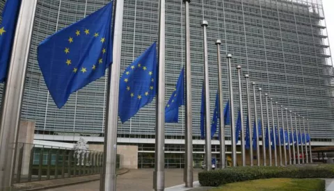 BELGIUM-BRUSSELS-EU HEADQUARTERS-HALF MAST(151114) -- BRUSSELS, Nov. 14, 2015 (Xinhua) -- European Union flags fly at half mast to mourn the victims of a series of attacks in Paris at EU Headquarters in Brussels, Belgium, Nov. 14, 2015. (Xinhua/Gong Bing) (zjy)Gong Bing Photo: XINHUA/PIXSELL