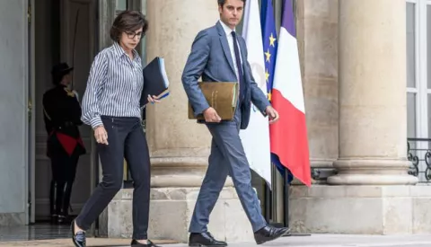 epa11454517 French Prime Minister Gabriel Attal (R) and Culture Minister Rachida Dati (L) leave after the weekly cabinet meeting at Elysee palace in Paris, France, 03 July 2024. This is the last meeting of French government prior to the second round of general elections scheduled for 07 July. EPA/CHRISTOPHE PETIT TESSON