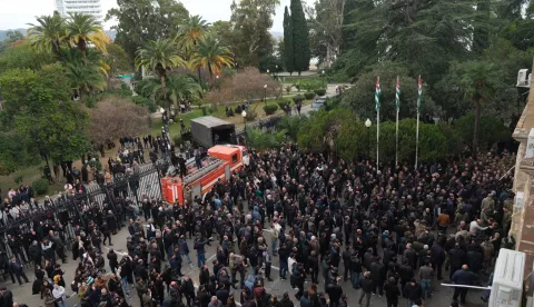 epa11723417 People protest outside the parliament building in Sukhumi, capital of the self-proclaimed Republic of Abkhazia, 15 November 2024. The opposition that seized the government building complex demand the resignation of the current President of the country Aslan Bzhania. The Parliament of Abkhazia had previously planned a meeting on the ratification of the agreement with Russia concerning the implementation of investment projects by Russian companies in the republic, which the opposition claim will harm Abkhazia. Abkhazia is a breakaway territory which was part of Georgia until 2008, and it is currently recognized by a minority of world countries, including Russia. EPA/STRINGER