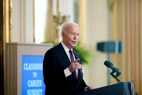 epa11718861 US President Joe Biden speaks during the Classroom to Career summit in the East Room of the White House in Washington, DC, USA, 13 November 2024. The summit is meant to highlight progress in expanding career pathways to good-paying jobs in infrastructure, clean energy, and advanced manufacturing. EPA/ALEXANDER DRAGO/POOL