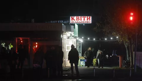 epa11727884 People walk in a residential area in the dark during a scheduled power cut in Kyiv, Ukraine, 18 November 2024, amid the Russian invasion. Ukraine's national power supply Ukrenergo announced on 18 November, that power cuts have been applied throughout the country due to emergency shutdown of units at several power plants as a result of waves of Russian missile attacks on the energy infrastructure. Russian forces launched a large-scale attack across Ukraine on 17 November, with around 120 missiles and 90 unmanned aerial vehicles (UAVs). The main targets of the attack were Ukraine's energy infrastructure, Ukrainian President Zelensky said. Russian troops entered Ukrainian territory on 24 February 2022, starting a conflict that has provoked destruction and a humanitarian crisis. EPA/SERGEY DOLZHENKO