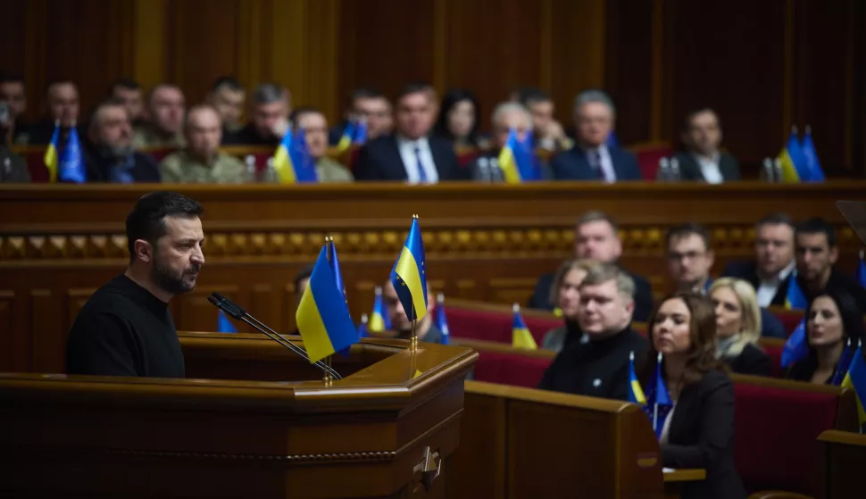 epa11728723 A handout photo made available by the Presidential Press Service showing Ukraine's President Volodymyr Zelensky presenting his plan of resistance to the Ukrainian parliament in Kyiv, Ukraine, 19 November. Zelensky said that Ukraine will never give in to Russia's aggression as it marks 1,000 days since the Kremlin launched a full-scale invasion of the country. EPA/HANDOUT HANDOUT EDITORIAL USE ONLY/NO SALES